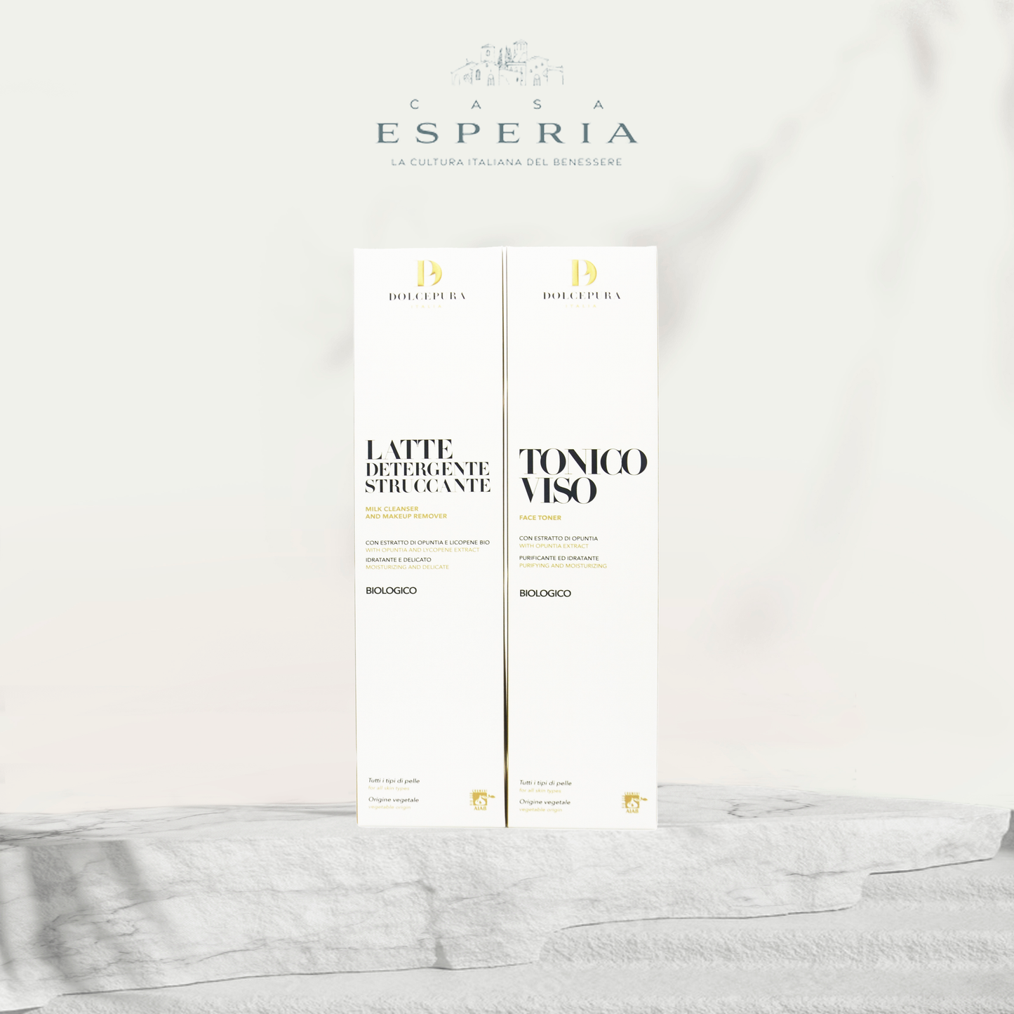 Set DolcePura "DETERGENZA" pentru FAȚĂ (lapte demachiant si tonic) cu extract de opuntia și licopen (cu licență), organic pe bază de plante, pentru toate tipurile de piele. Produse realizate manual în Italia